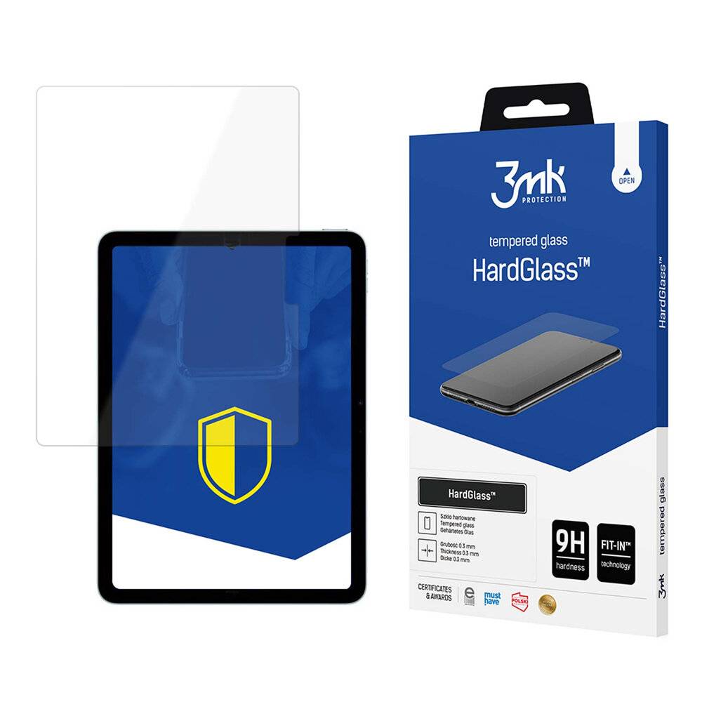 Ein Tablet wird neben der Verpackung von „3mk Protection HardGlass