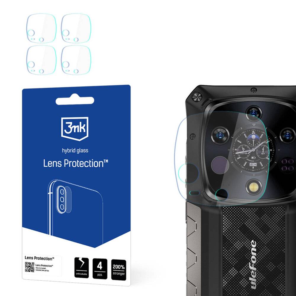 Schutzglassatz für Ulefone Armor mit vier Objektivschutzfolien, gezeigt mit Verpackung und transparenter Installationsanleitung.