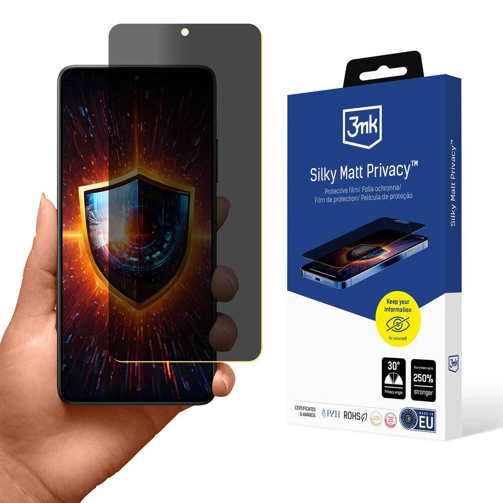 Hand hält ein Smartphone mit einer Datenschutz-Displayschutzfolie, die ein digitales Schild-Symbol zeigt. Verpackung der 3mk Silky Matt Privacy-Displayschutzfolie daneben.