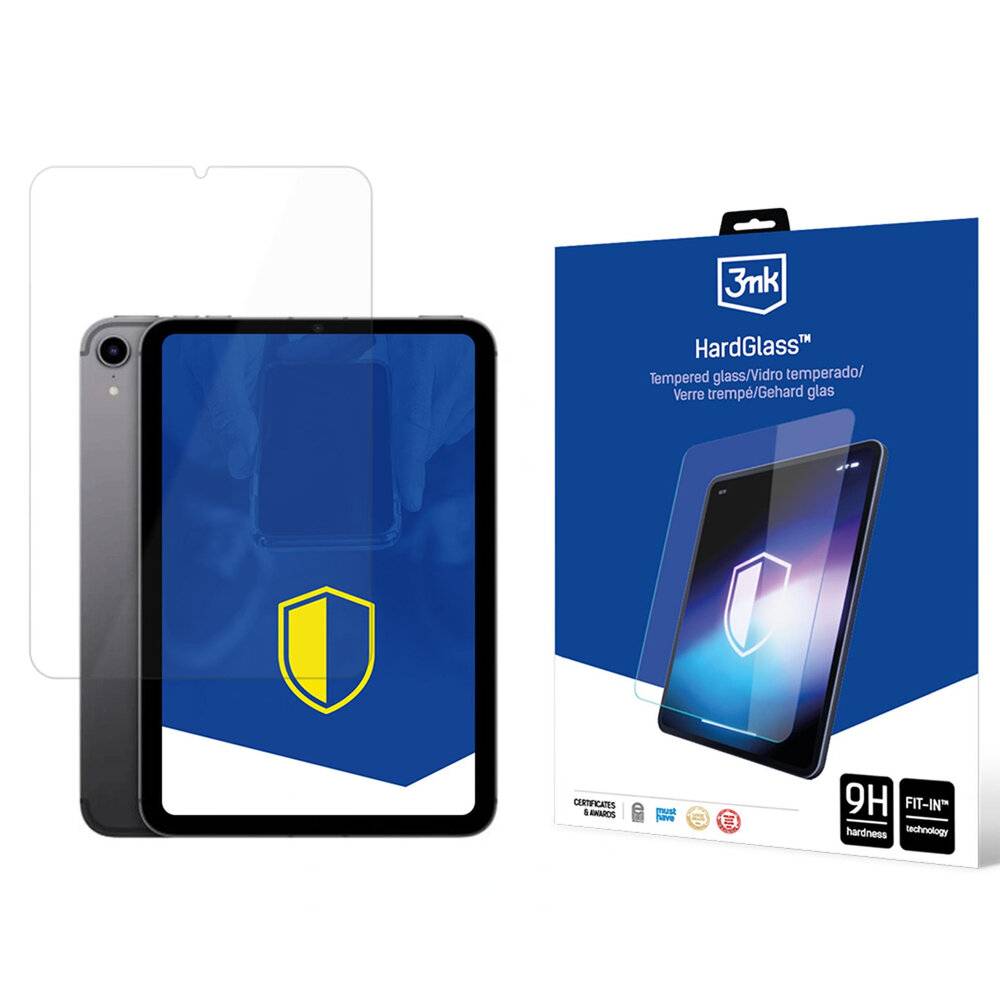 Tablet mit einer transparenten Displayschutzfolie neben seiner Verpackung, die ein gelbes Schildsymbol und den Text 'HardGlass™' aufweist.