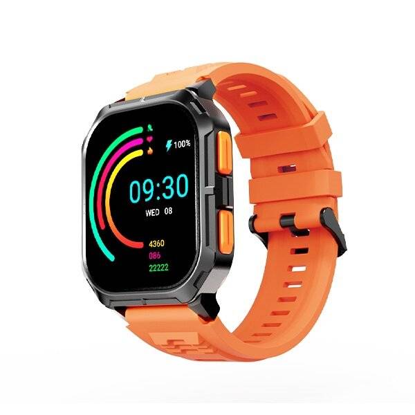 Smartwatch mit einem orangen Band, das die Uhrzeit „09:30