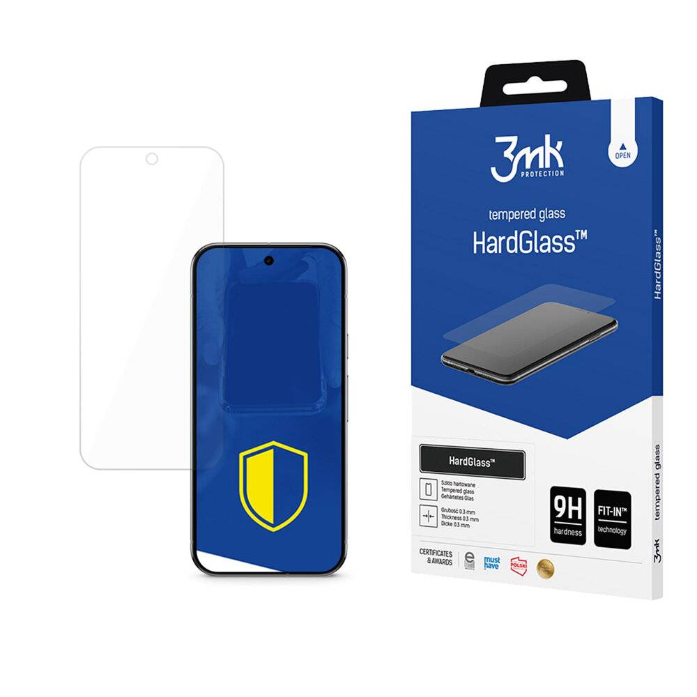 Ein Smartphone mit einem Schildemblem wird zusammen mit einer 3mk HardGlass-Displayschutzfolie-Verpackung gezeigt, die seine 9H-Härte und Fit-In-Technologie hervorhebt.