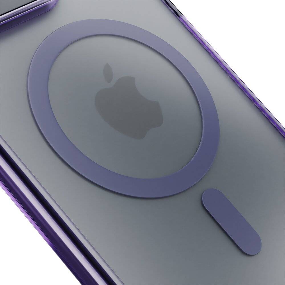 Nahaufnahme einer lila Handyhülle mit transparenter Rückseite, die ein kreisförmiges Muster zeigt und das sichtbare Apple-Logo auf dem Telefon im Inneren.