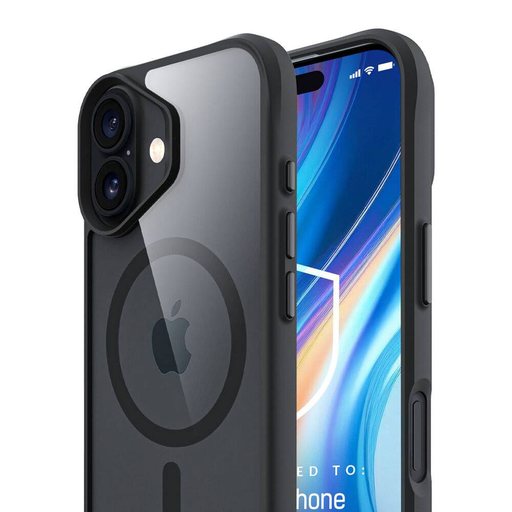 Ein Smartphone mit einer klaren, schützenden Schutzhülle, die das Apple-Logo zeigt und die Kompatibilität mit drahtlosem Laden über MagSafe hervorhebt.