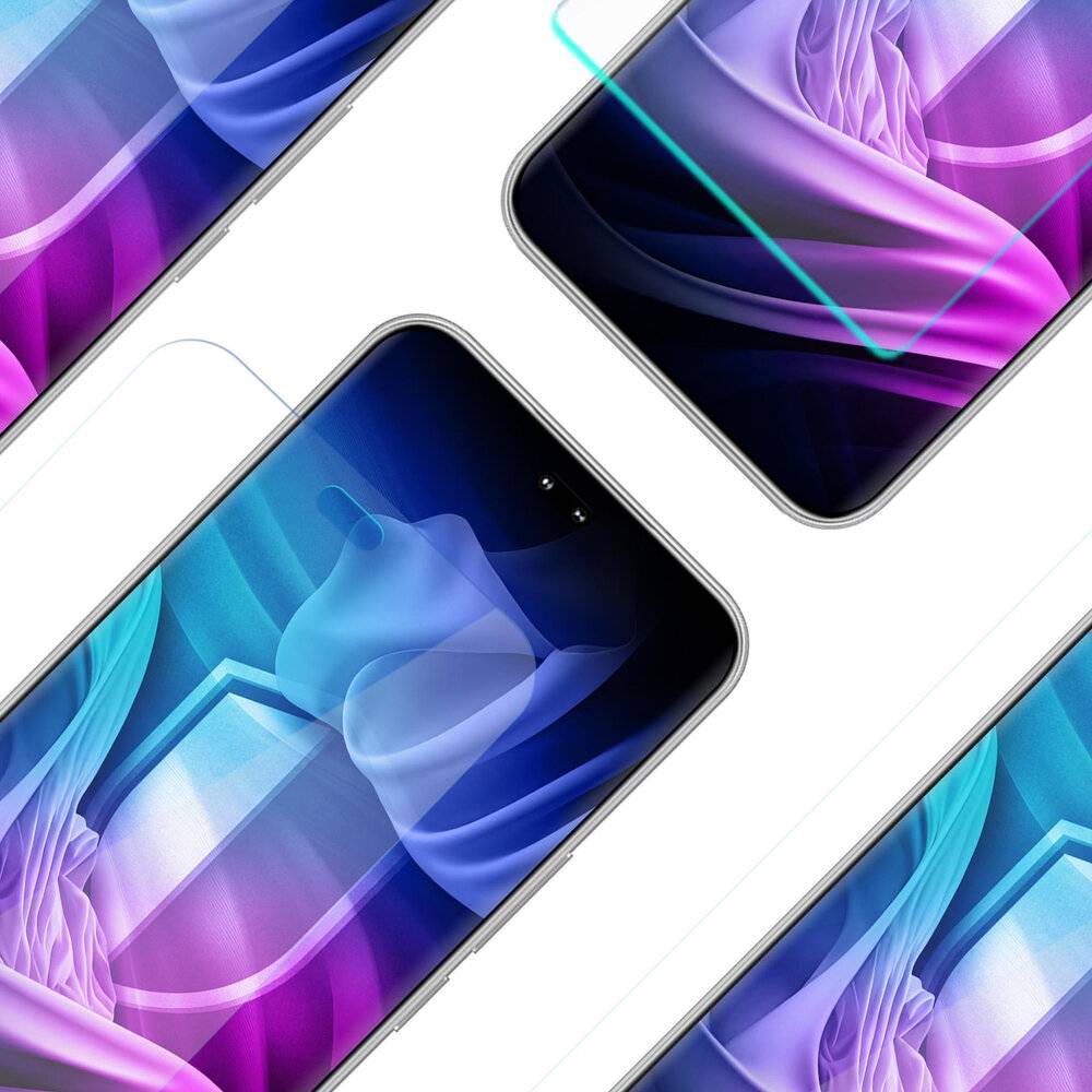 Smartphones mit leuchtenden abstrakten Displays in diagonaler Anordnung; hebt modernes Technologie- und Designkonzept hervor.