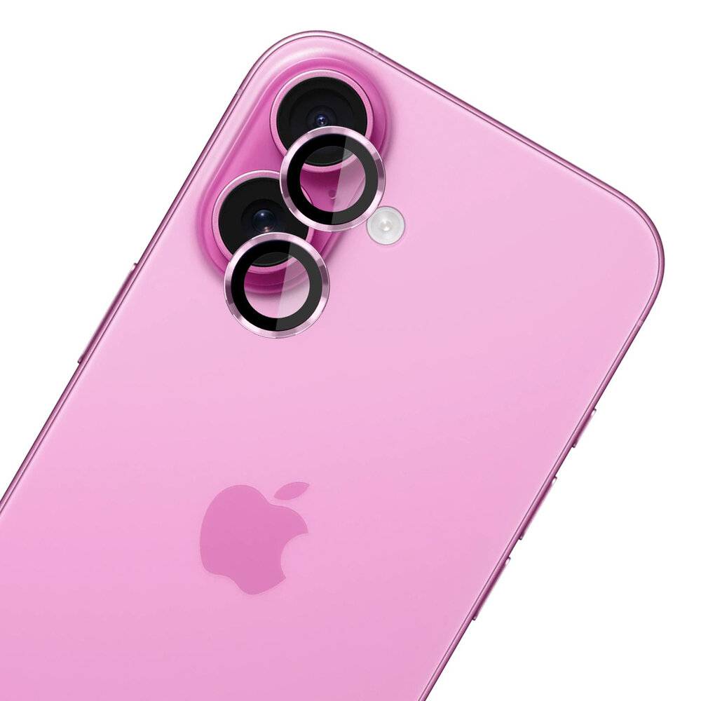 Ein rosa Smartphone mit drei Kameraobjektiven auf der Rückseite, mit dem Apple-Logo, vor weißem Hintergrund.
