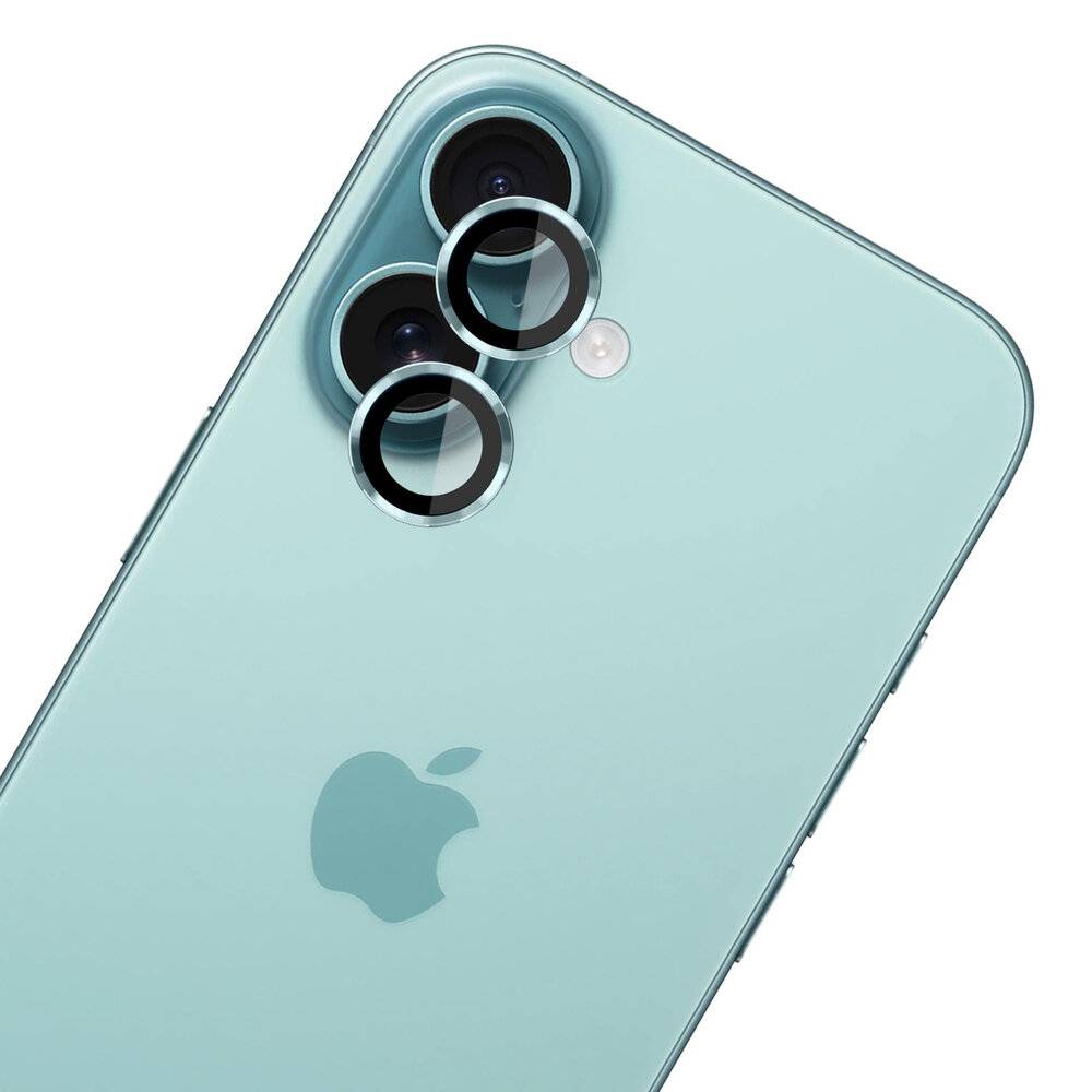 Ein hellblau gefärbtes Smartphone, von hinten gezeigt, mit drei Kameraobjektiven in einer dreieckigen Anordnung über einem Apple-Logo.