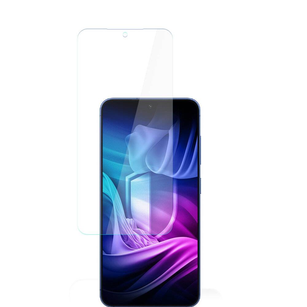 Smartphone mit lebhaftem, abstraktem lila- und blauem Bildschirmdesign, begleitet von einer klaren Schutzfolie, die darüber schwebt.