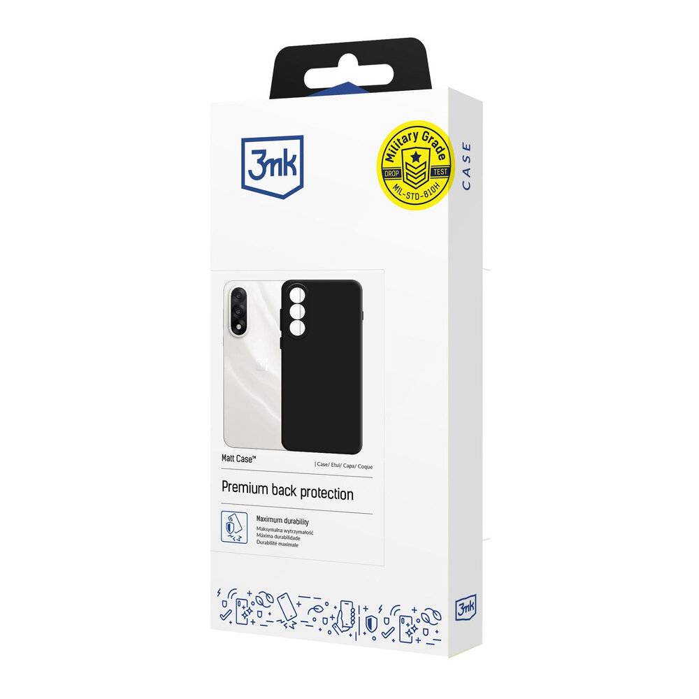 Handyhülle-Verpackung mit einer schwarzen Schutzhülle für ein Smartphone, mit der Aufschrift „Premium-Rückenschutz