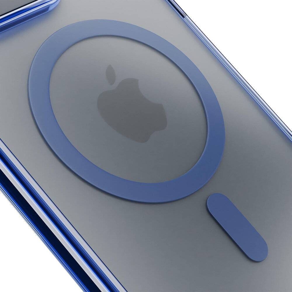 Nahaufnahme einer blauen Smartphone-Hülle mit einem kreisförmigen MagSafe-Ring, das Apple-Logo ist durch die Hülle sichtbar.