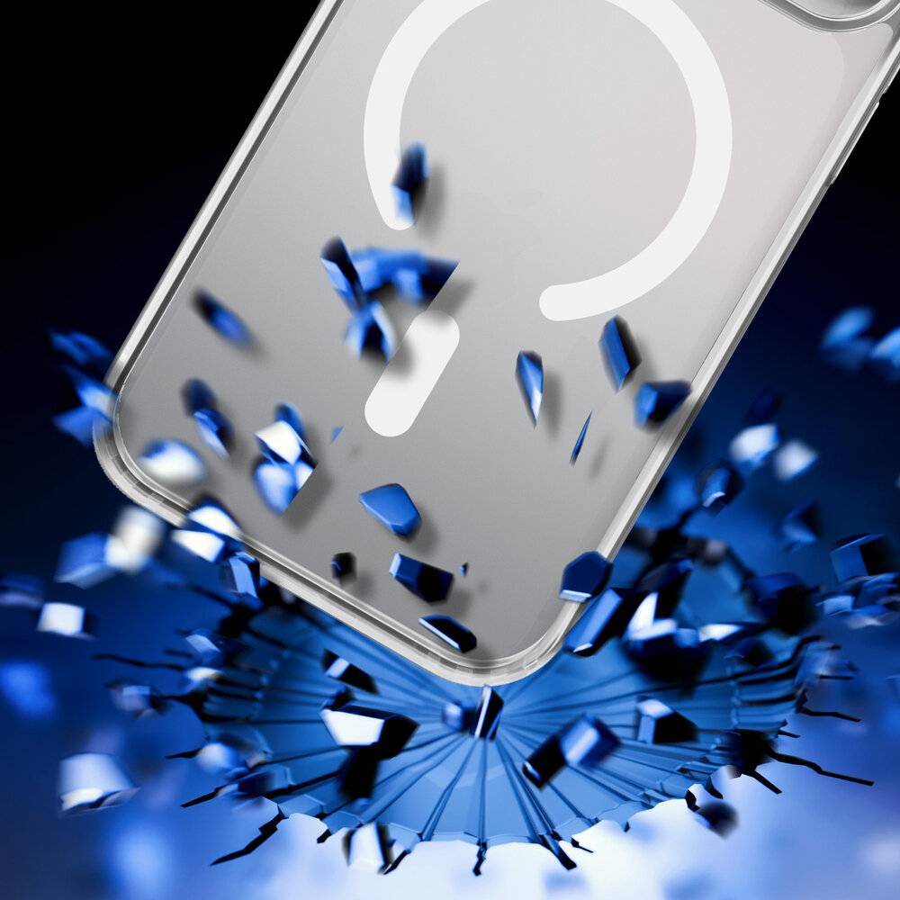 Eine Smartphone-Hülle mit einem leuchtenden Glühbirnen-Design, das Innovation symbolisiert, wird vor einem dynamischen blauem zerbrochenen Glashintergrund fotografiert.