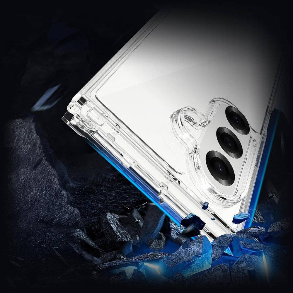 Ein Handyhülle mit sichtbarem MagSafe-Feature wird vor einem Hintergrund aus zerbrochenem Eis dargestellt und hebt dabei Haltbarkeit und Robustheit hervor.