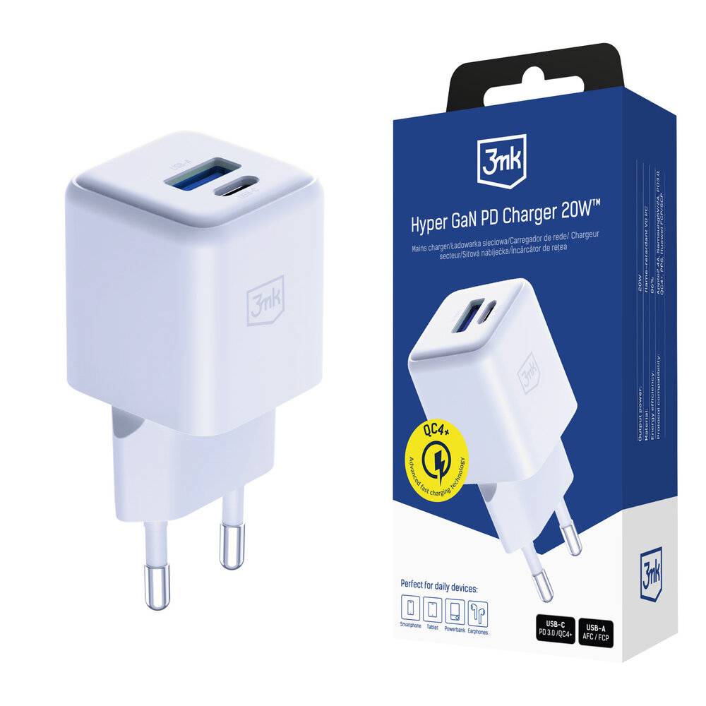 3mk Hyper GaN Ladegerät 20W QC4+ PD PPS USB-C USB-A Wandladegerät - Weiß