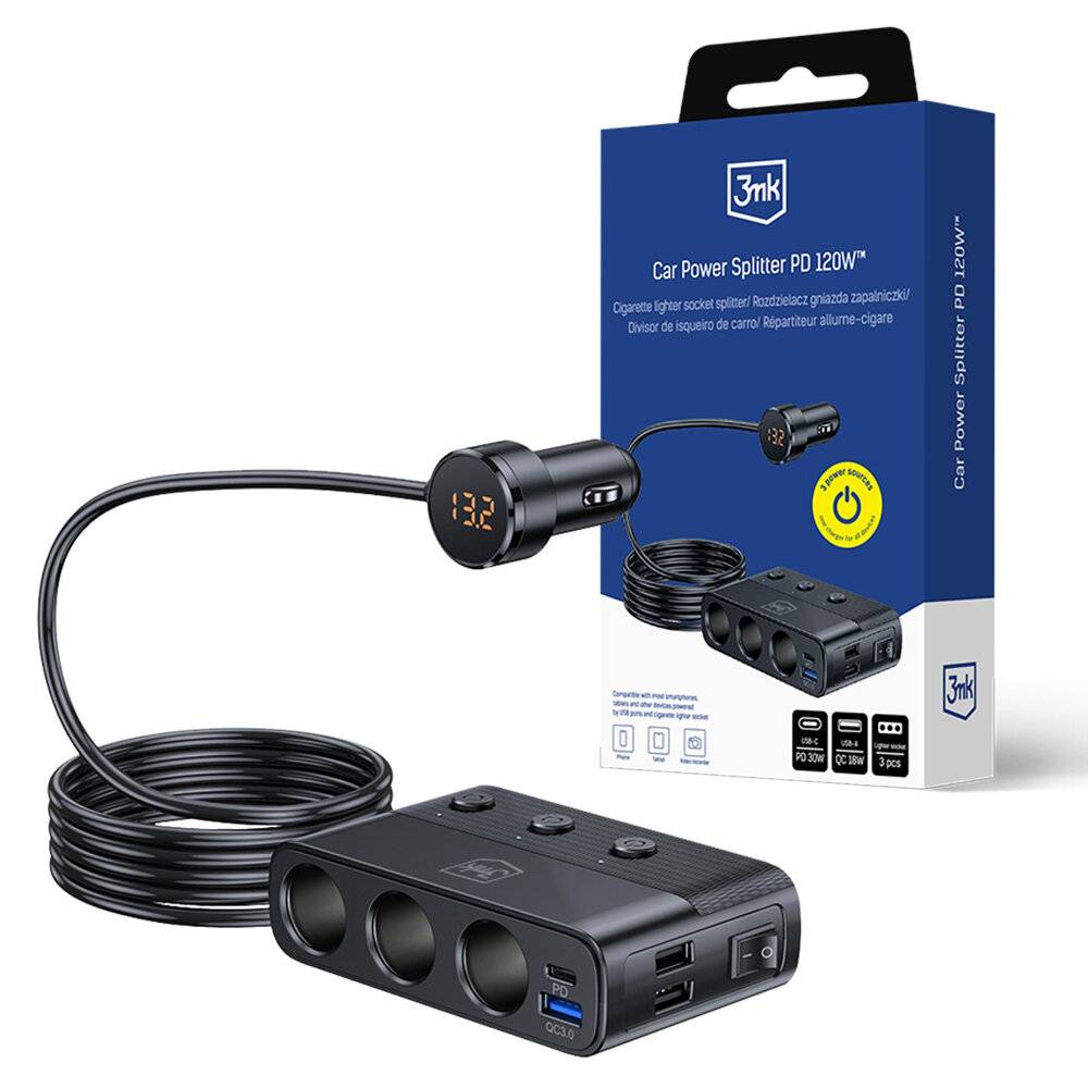 3mk Auto-Power-Splitter PD 120W™ QC PPS UCB-C USB-A Autoladegerät 7 Geräte - Schwarz