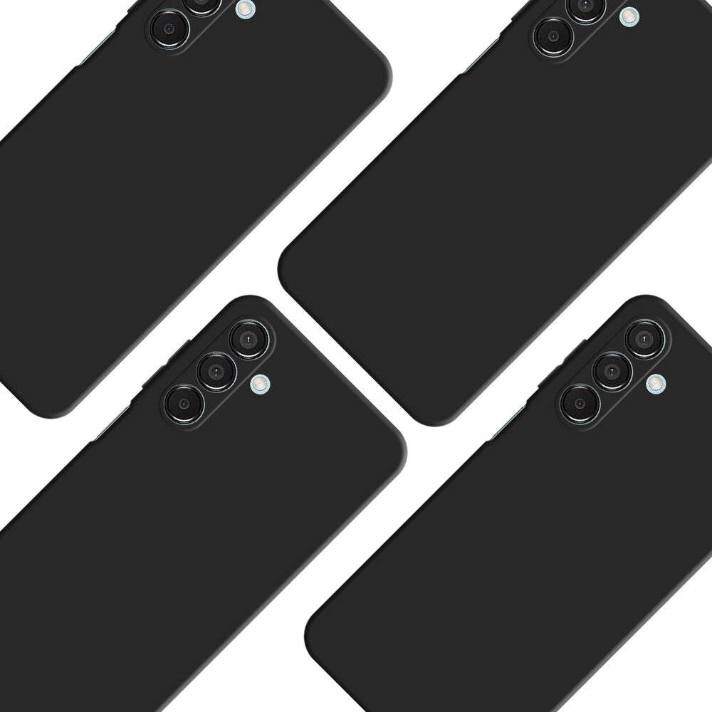 Vier schwarze Smartphones mit dreifacher Hintergrundkamera, die diagonal über einen weißen Hintergrund angeordnet sind.