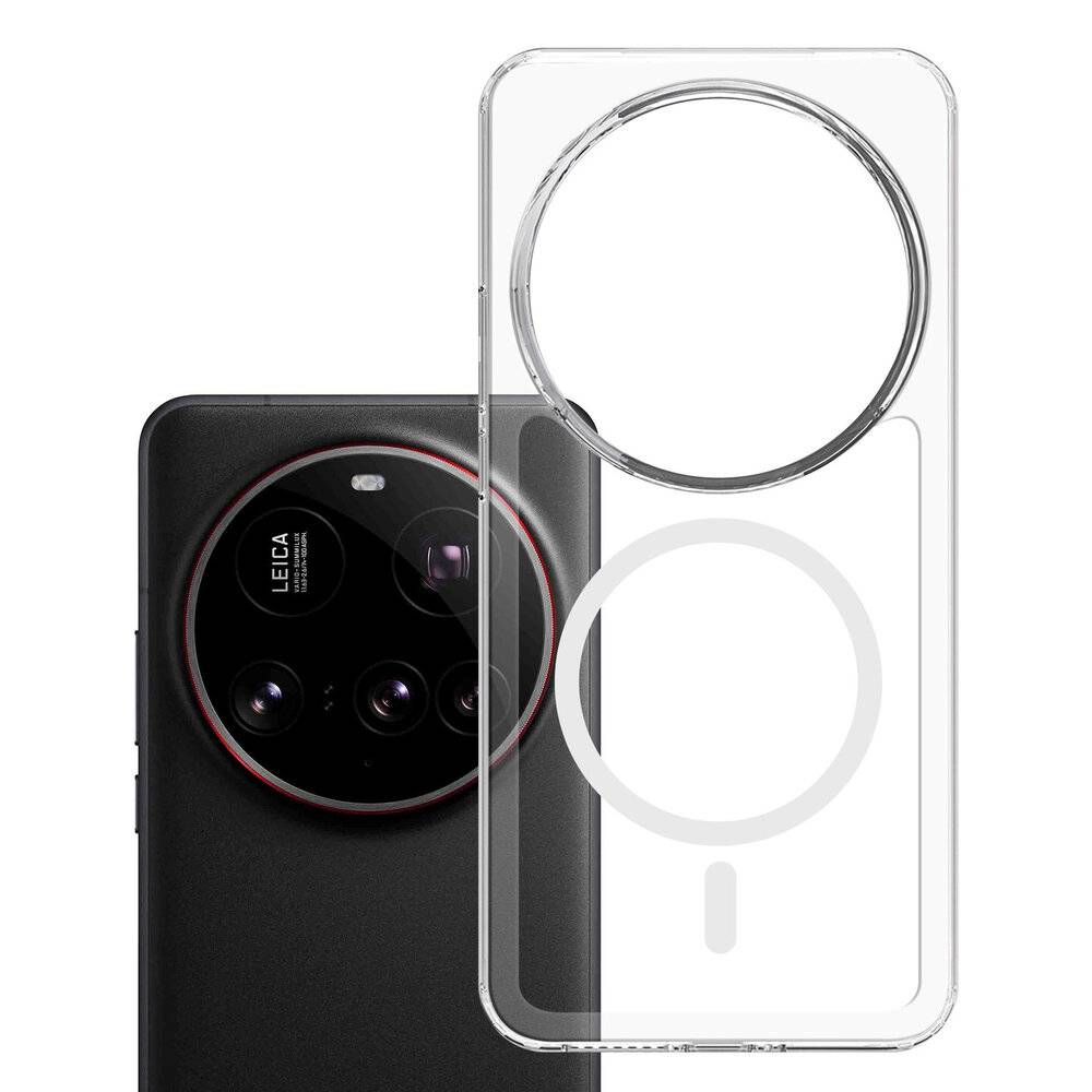 Ein schwarzes Smartphone mit einem runden Kameramodul mit vier Objektiven neben einer transparenten Schutzhülle mit einer Aussparung für die Kamera.