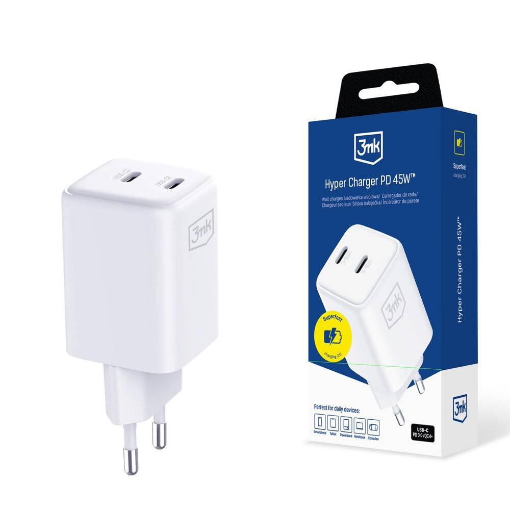 3mk Hyper Charger PD 45W QC4+ PPS 2C Super-Fast Charge 2.0 Wandladegerät - Weiß