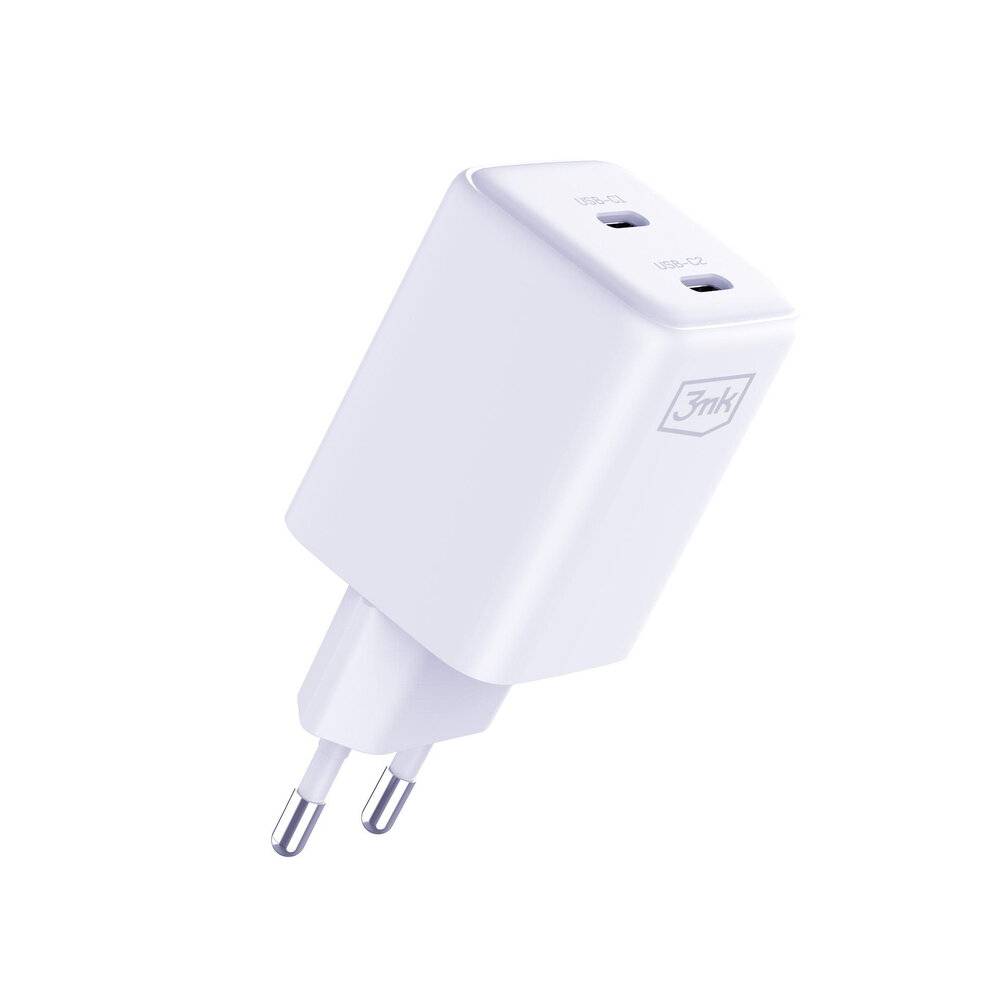 „Ein weißes Dual-Port-USB-Ladegerät mit zwei Steckern, das ein kompaktes Design zeigt, das sich zum gleichzeitigen Laden mehrerer Geräte eignet.