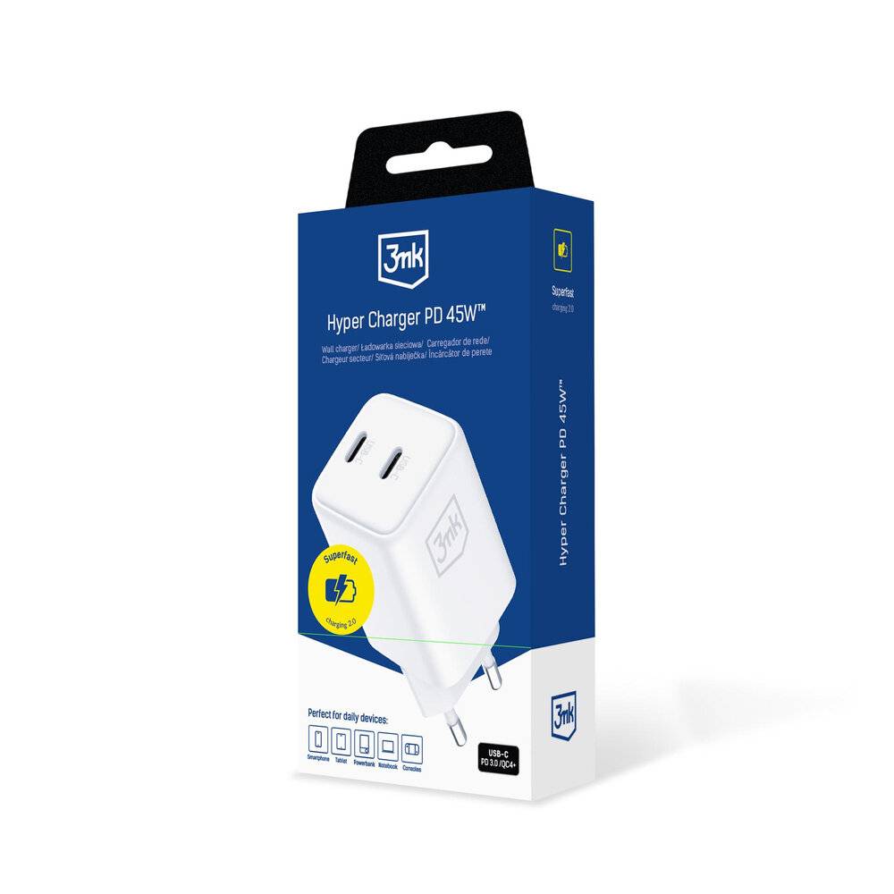 3mk Hyper Charger PD 45W QC4+ PPS 2C Super-Fast Charge 2.0 Wandladegerät - Weiß