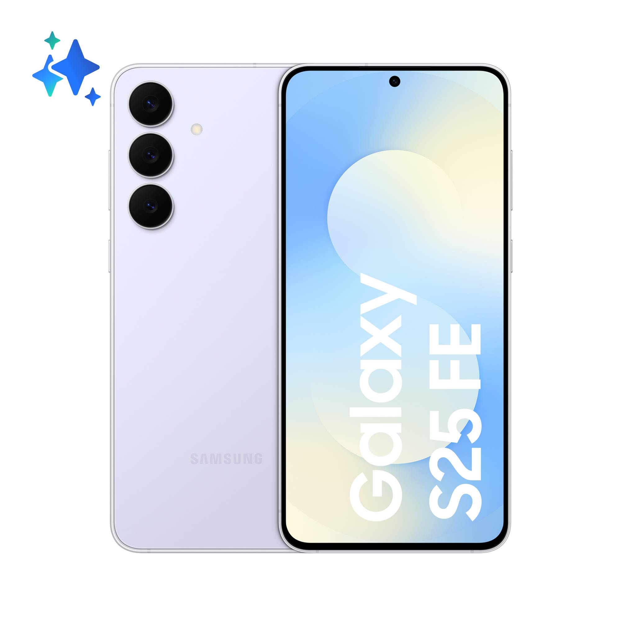 Ein Samsung Galaxy S23 FE Smartphone in Weiß, das die Rückseite mit drei Kameras und die Vorderseite mit einem leuchtenden abstrakten Design auf dem Bildschirm zeigt.