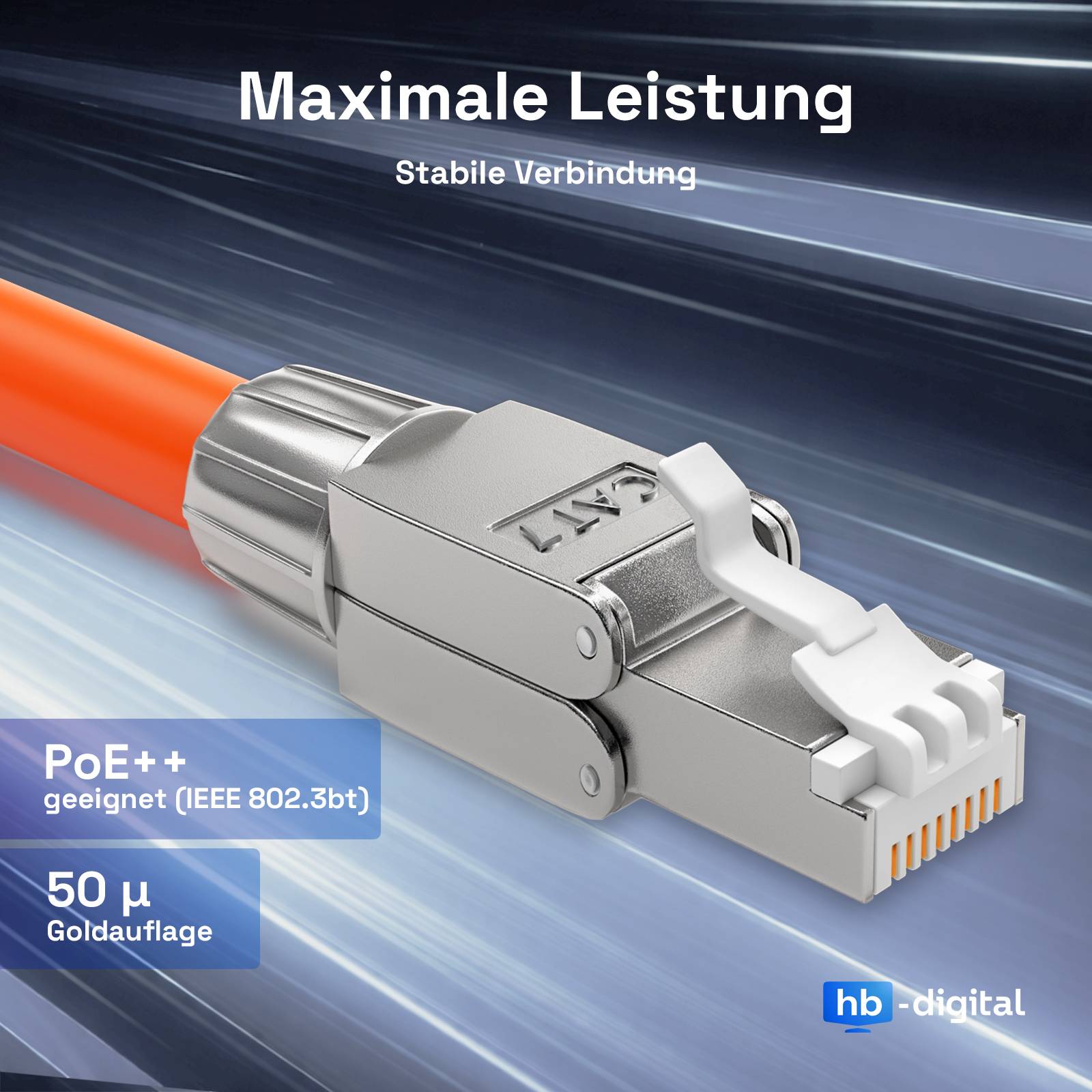 Nahaufnahme eines Ethernet-Kabels mit metallischem Anschluss, das 'Maximale Leistung' und 'PoE++ geeignet (IEEE 802.3bt), 50μ Goldauflage' zeigt und dabei Leistung und Haltbarkeit verdeutlicht.