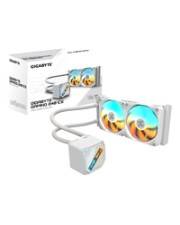 Eine Box mit der Aufschrift 'Gigabyte Waterforce X 240 AIO Flüssigkeitskühler' neben einer weißen Flüssigkeitskühleinheit mit zwei RGB-Lüftern.