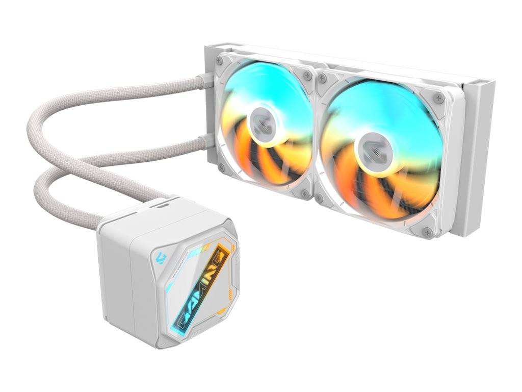 Ein weißes Computer-Flüssigkühlsystem mit zwei beleuchteten Lüftern und verbundenen Kühlschläuchen. Die Lüfter leuchten mit blauen und orangefarbenen LED-Lichtern.