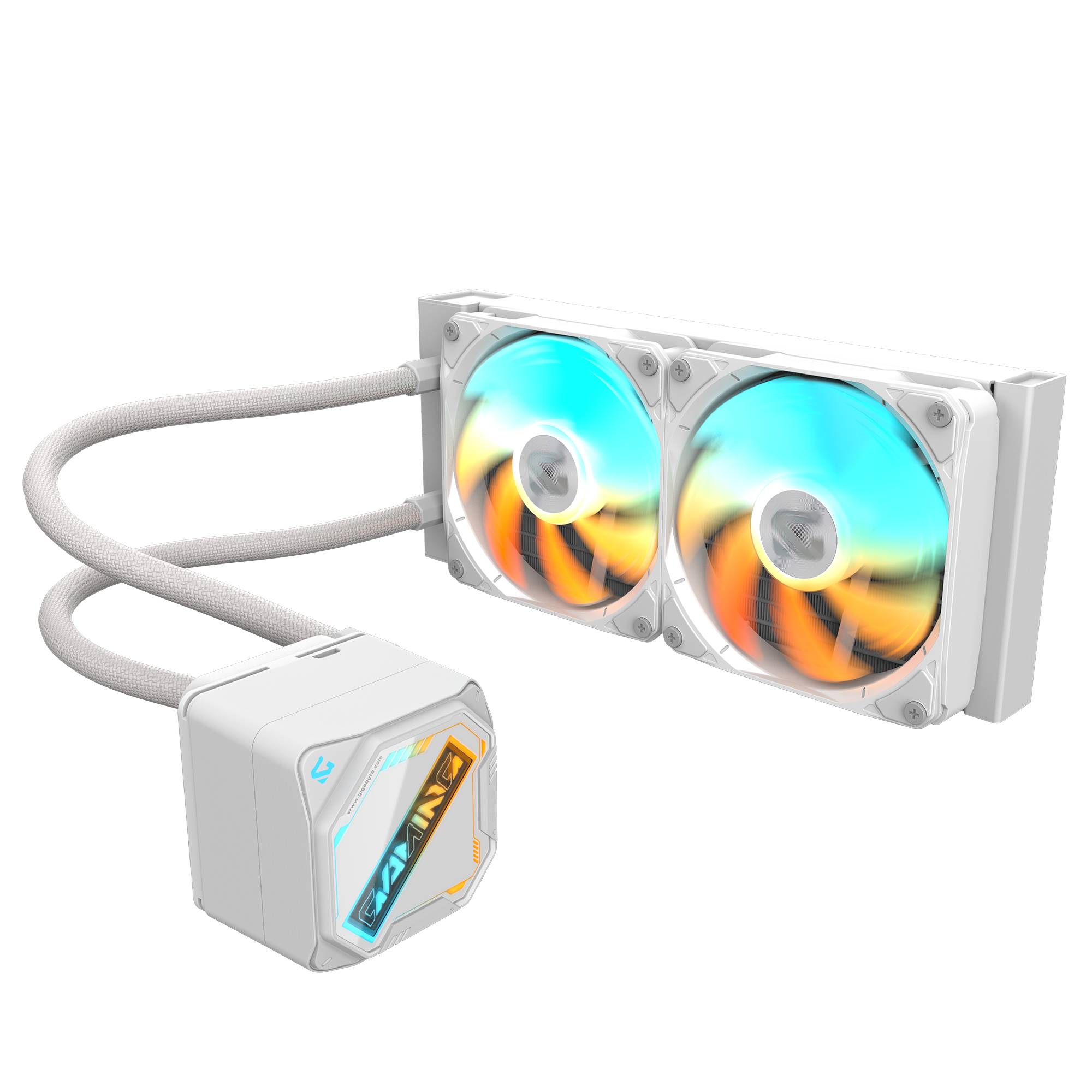 Weißer Dual-Lüfter-Flüssigkeits-CPU-Kühler mit geflochtenen Schläuchen und einem kleinen beleuchteten Pumpenblock auf schwarzem Hintergrund.