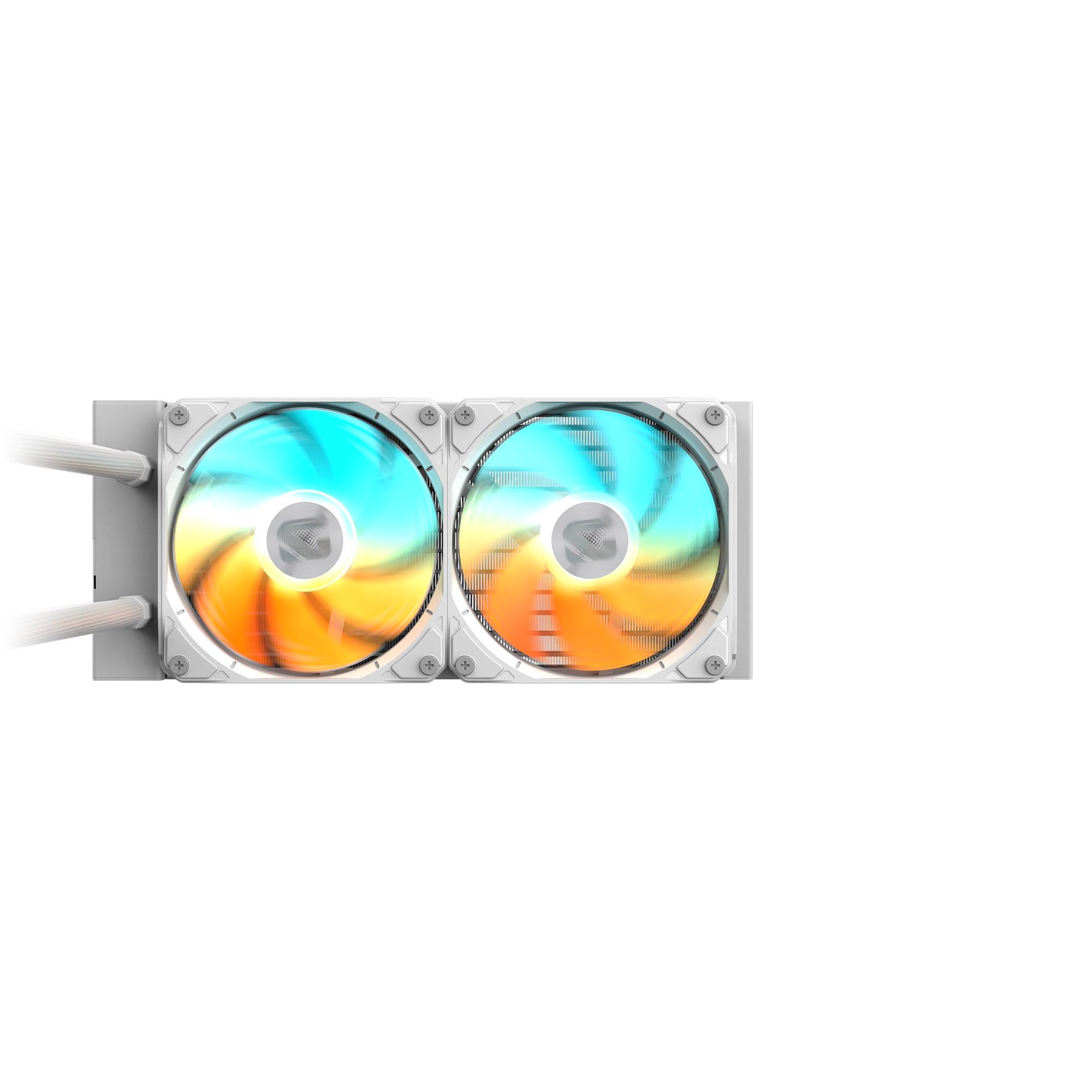 Doppelter RGB-Flüssigkeitskühler mit zwei rotierenden Lüftern und sichtbarem Schlauchwerk auf schwarzem Hintergrund.
