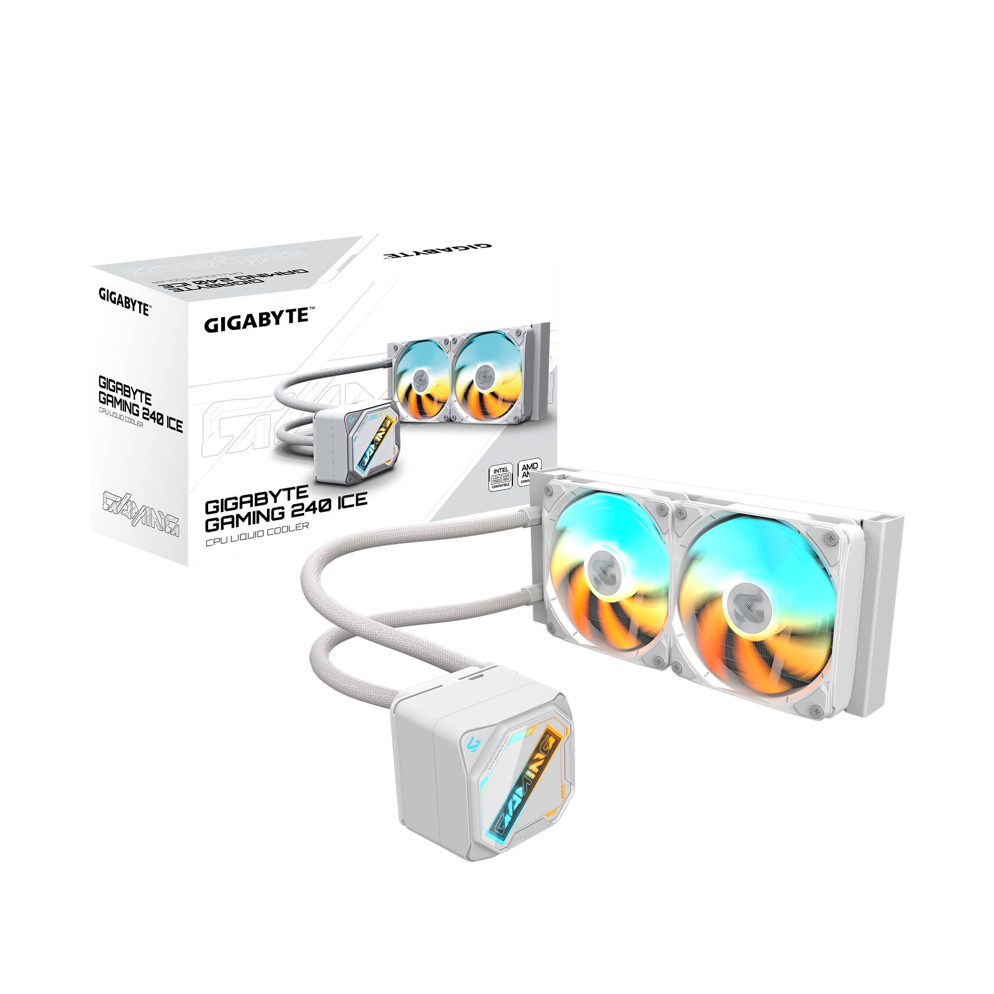Gigabyte Gaming 240 ICE Flüssigkeits-CPU-Kühler mit dualen RGB-Lüftern, Pumpenblock, Schläuchen und Einzelhandelsverpackung auf schwarzem Hintergrund.