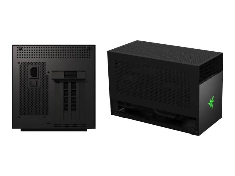 Schwarzes PC-Gehäuse von hinten und von der Seite gezeigt, mit gelochtem Panel, Stromanschluss, Lüftungsöffnungen und einem leuchtenden grünen Logo auf der Seite.