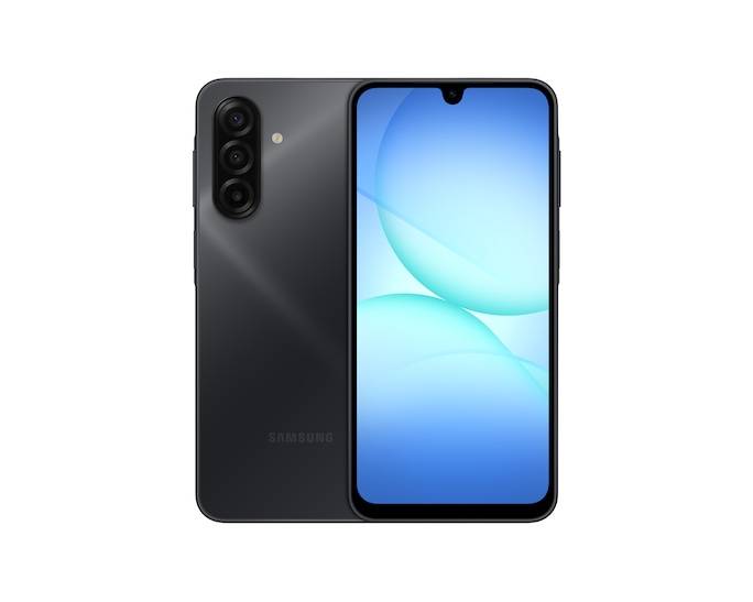 Vorder- und Rückseite eines schwarzen Samsung-Smartphones mit dreifacher Rückkamera und blauem abstraktem Bildschirm.