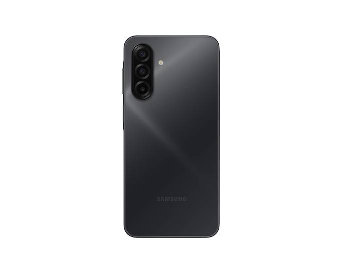Rückansicht eines schwarzen Samsung-Smartphones mit vertikalem Dreifach-Kamera-Array und Blitz auf einfachem weißem Hintergrund