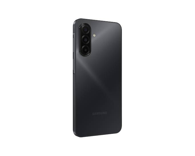 Schwarzes Samsung-Smartphone von hinten dargestellt, mit dreifachen rückseitigen Kameras in einem vertikalen Streifen und minimalistischer matter Oberfläche.
