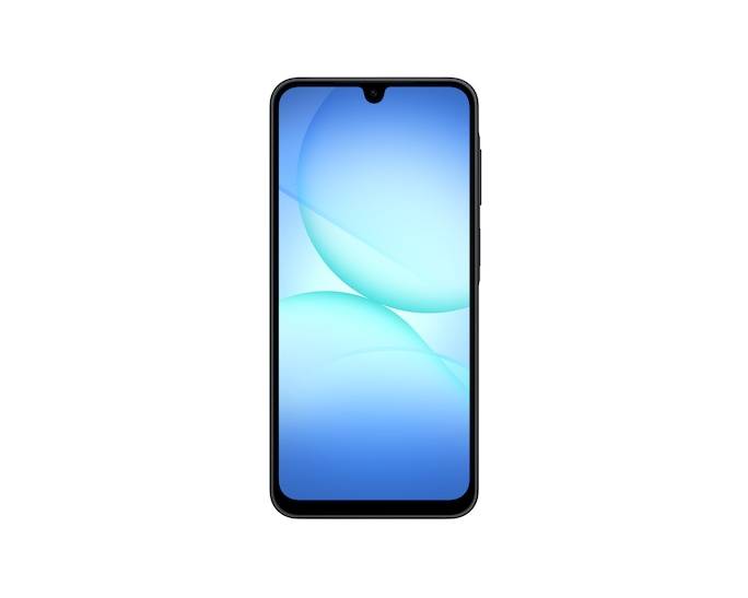 Vorderansicht eines Smartphones mit einem blauem abstraktem Farbverlauf-Hintergrundbild und zentrierter Notch, dargestellt auf weißem Hintergrund.