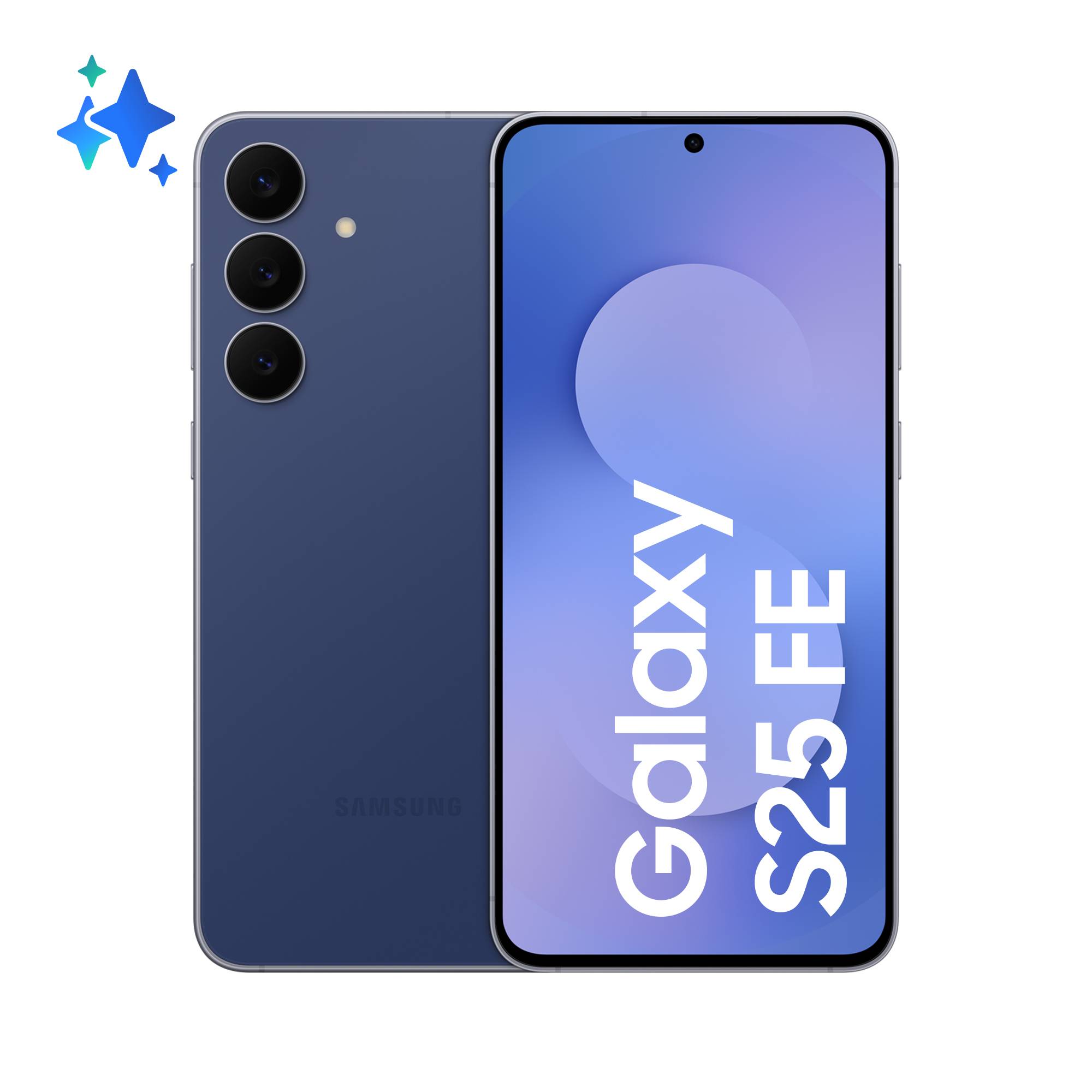 Samsung Galaxy S25 FE Smartphone in Dunkelblau von vorne und hinten gezeigt, mit dreifacher Rückkamera und dem Bildschirm, auf dem 