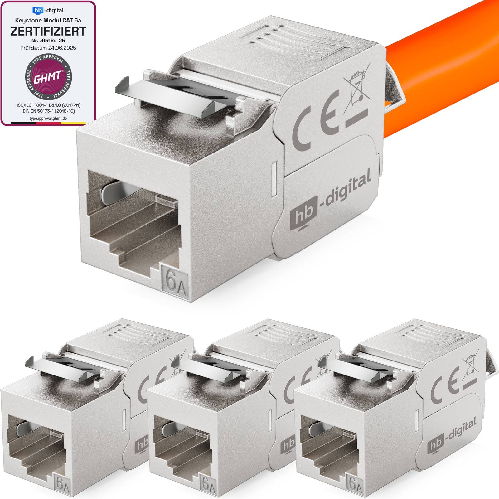 hb-digital 4x Keystone Modul CAT 6a RJ45 180° Anschluss frontale LSA-Öffnung Zinklegierung silber