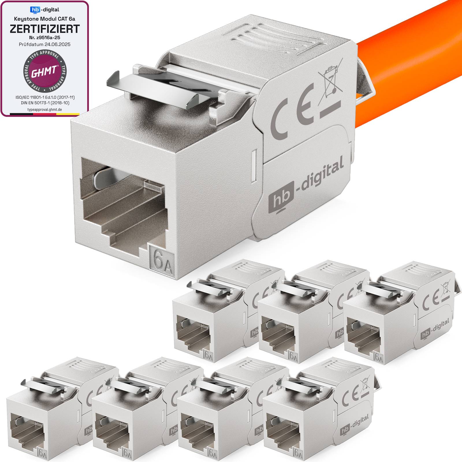 hb-digital 8x Keystone Modul CAT 6a RJ45 180° Anschluss frontale LSA-Öffnung Zinklegierung silber