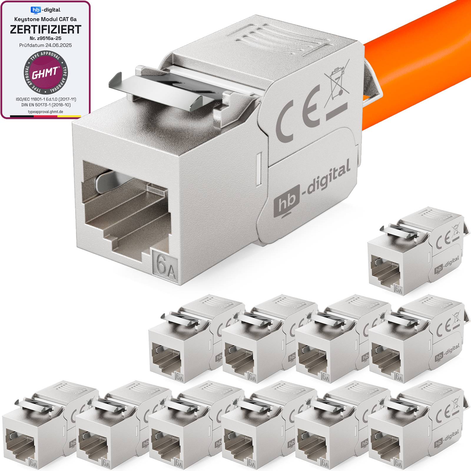 hb-digital 12x Keystone Modul CAT 6a RJ45 180° Anschluss frontale LSA-Öffnung Zinklegierung silber