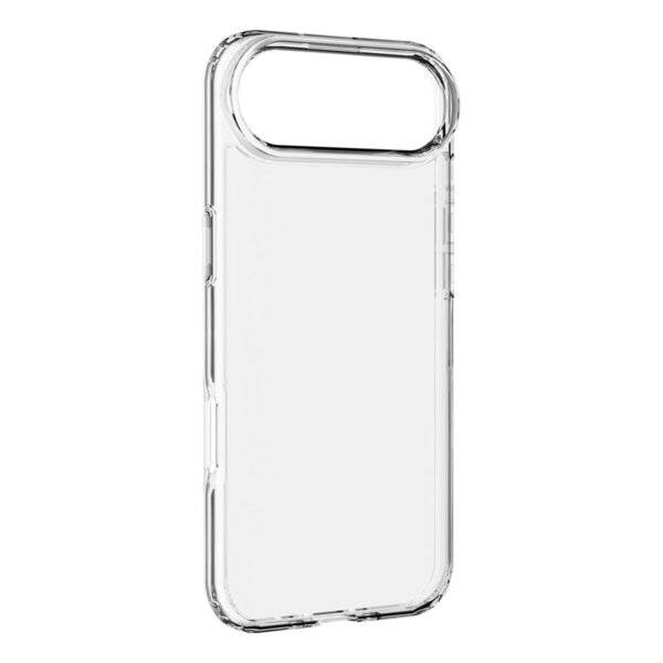 Transparente Schutzcover für Smartphones mit großem ovalem Kameraausschnitt, dargestellt vor einfachem weißem Hintergrund.