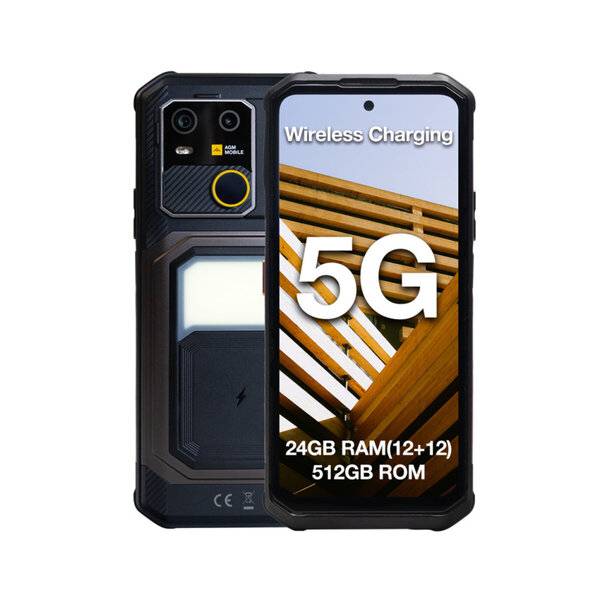 Robustes 5G-Smartphone von vorne und hinten gezeigt, mit Werbung für kabelloses Laden, 24GB RAM (12+12) und 512GB ROM.