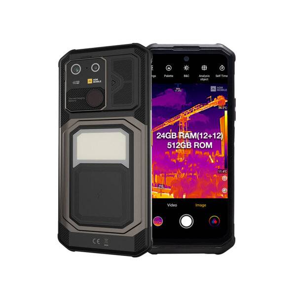 Robustes Smartphone von vorne und hinzu sichtbar, mit einer Wärmebildanzeigeund Text '24GB RAM(12+12) 512GB ROM'.