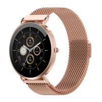 Eine Smartwatch aus Roségold mit Mesh-Armband, die ein analoges Zifferblatt mit mehreren Zählern und Goldelementen anzeigt.