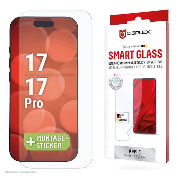 Verpackung für einen Displex Smart-Glass-Displayschutz für Apple iPhone 17/17 Pro, gezeigt mit einem Telefon-Mockup und Montagesticker.