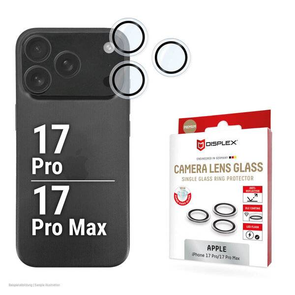 Werbebild eines Kameraobjektiv-Glaschutzers für iPhone 17 Pro und 17 Pro Max, das den Kamerabereich des Telefons und die Produktverpackung zeigt.