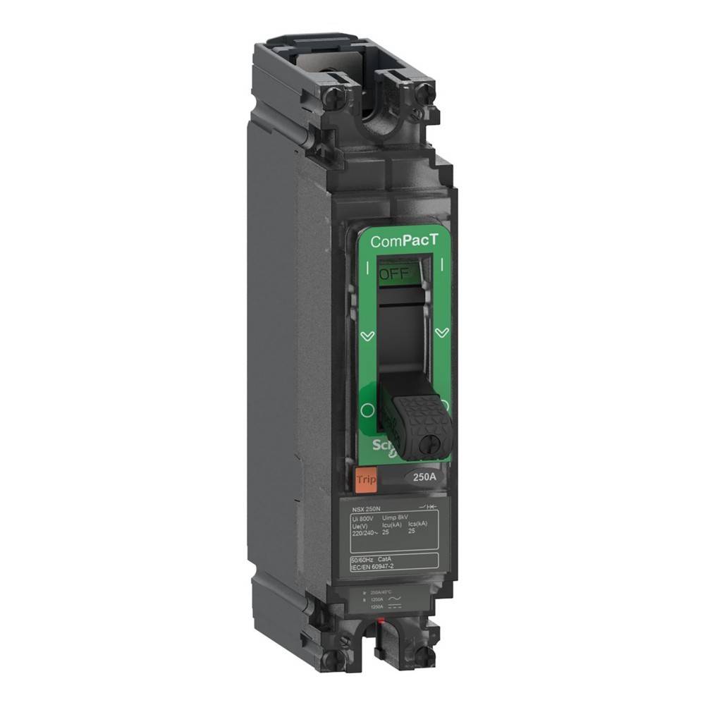 Schneider Electric ComPacT Leistungsschalter, Modell NSX250F, 250A, Schalterstellung als ausgeschaltet mit grünem Etikett.