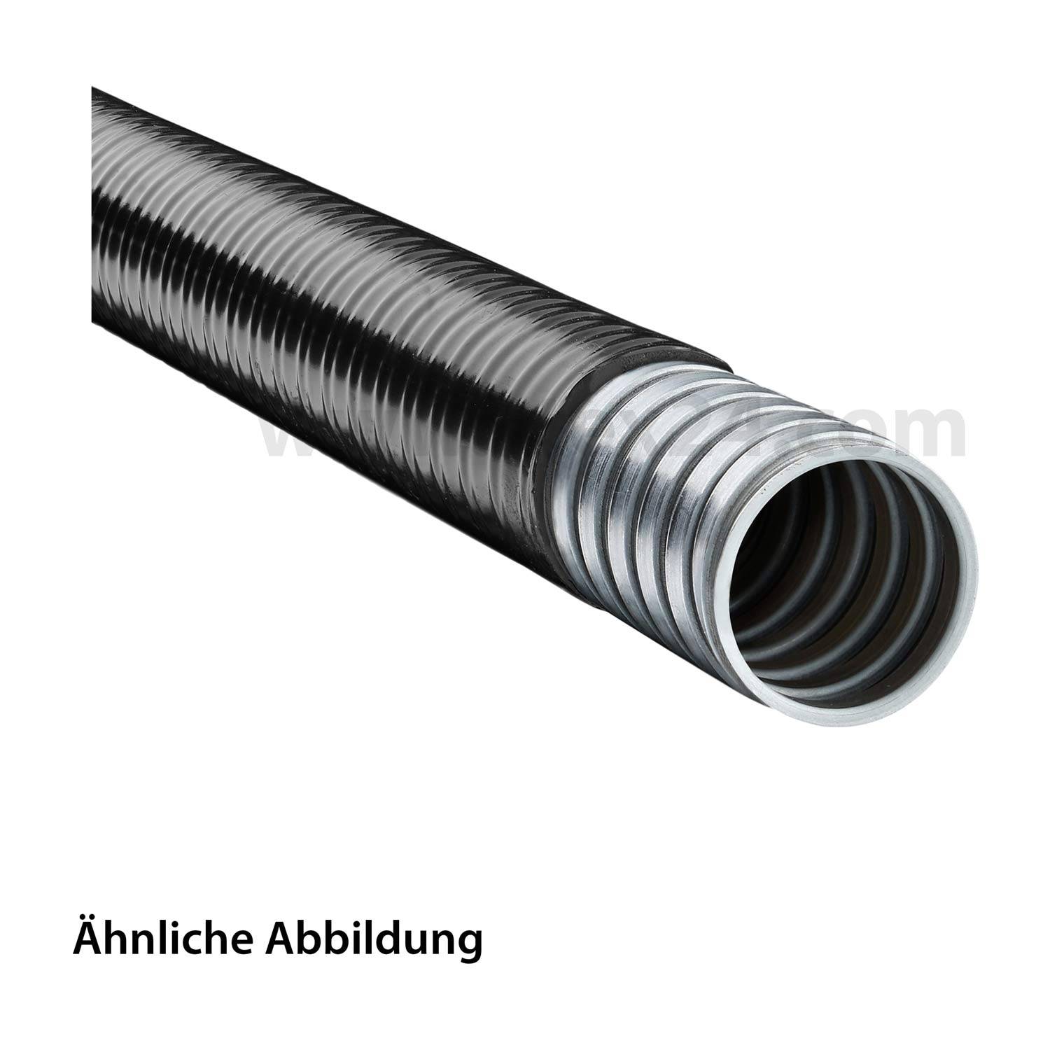 Ein schwarzer flexibler gewellter Schutzschlauch mit einer metallischen Innenauskleidung, gekennzeichnet als 'Ähnliche Abbildung', was eine ähnliche Darstellung andeutet.