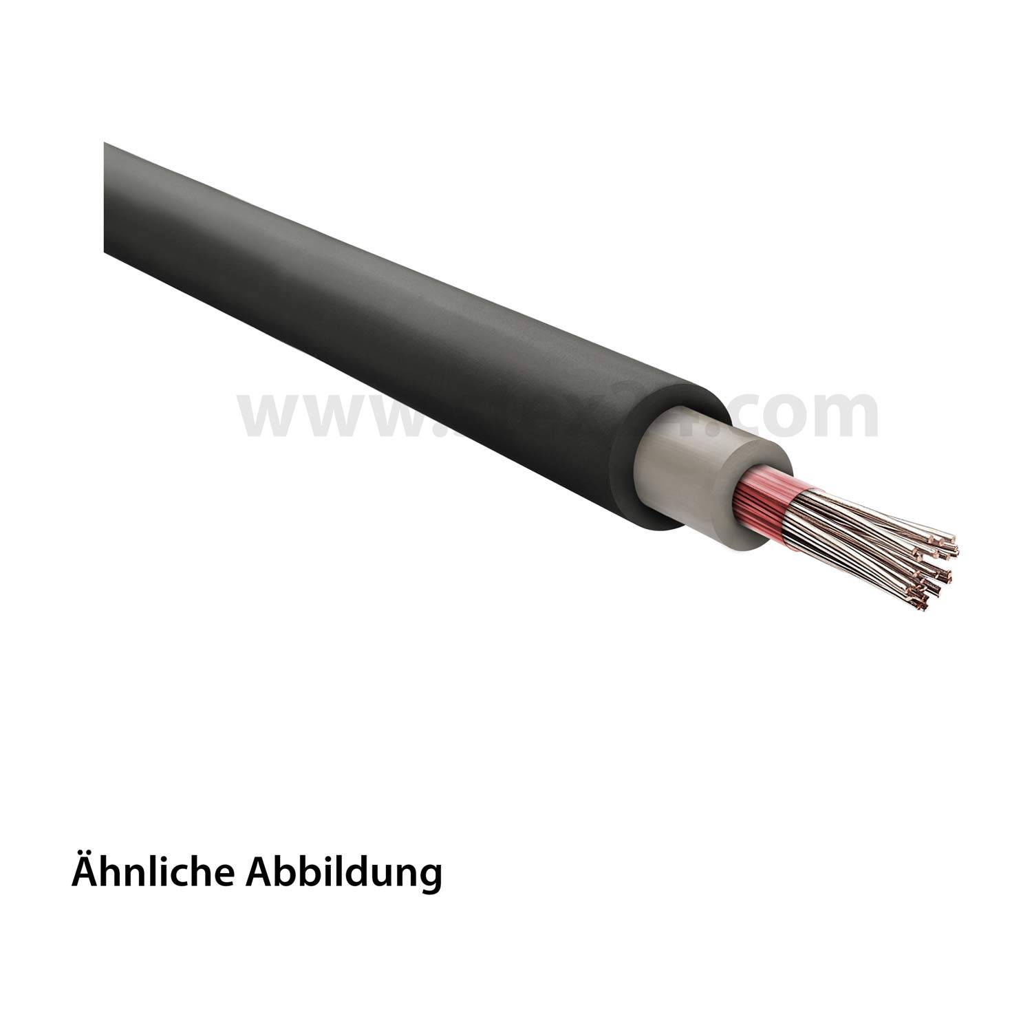 Ein schwarzes Mehrleiter-Kabel mit freiliegenden roten und silbernen Drähten an einem Ende. Text darunter liest sich 