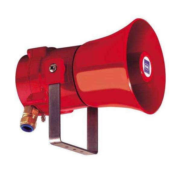 Rotes wandmontiertes Megafon mit einer Metallhalterung; wird für laute Durchsagen oder Alarme in großen Bereichen verwendet.