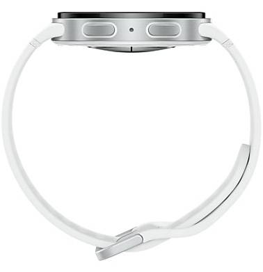 Seitenansicht einer weißen Smartwatch mit rundem Display und zwei seitlichen Tasten, die ein elegantes, modernes Design zeigt.